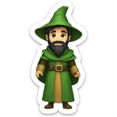 Little mage. Happy. Green cloths. Young look. Black beard.  sticker