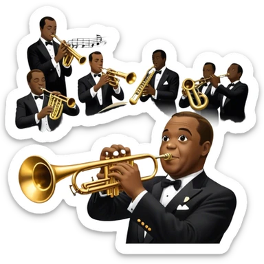 Icon for Jazz Music: collage of Louis Armstrong with his trumpet and Glenn Miller with his orchestra. Silhouettes of musicians, brass instruments, and musical notes. The design should convey the classic, smooth vibe of jazz. Transparent background. sticker