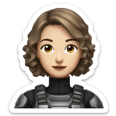 A young woman with a petite and slender build, pale, hazel eyes, and brown hair with a silver strand. She’s wearing black, tactical battle gear. sticker