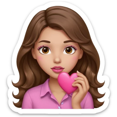 girl with long wavy brown hair, brown eyes, light to medium complexion, in a pink shirt, pink lips, long lashes, sexy , puckering, blushing, kissing a heart sexy sticker