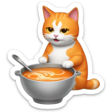 orange and white cat cooking a bowl of strange soup sticker