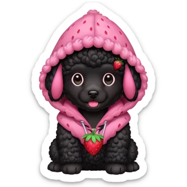 A black poodle puppy with a strawberry hood sticker