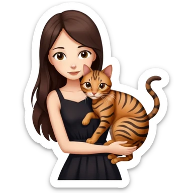 Beautiful skinny woman long dark brown hair in dark dress hug bengal cat sticker