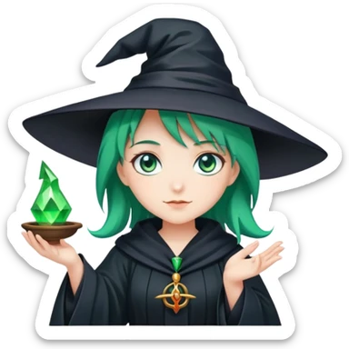 A magical girl in a black robe and a witch's hat with green magic in her hand, green hair and blue eyes sticker