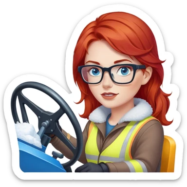  a lady with red hair, blue eyes and glasses driving this snowplow sticker