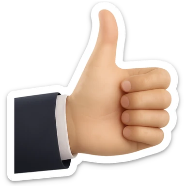 Edit the image to make the hand and sleeve about 60% realistic, blending realism and emoji style. Keep the natural, light tan skin tone and the suit sleeve visible. Only show the hand giving a thumbs up and the sleeve, with a transparent background. Maintain a balance between realistic texture and emoji simplicity. sticker