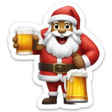 Excited Santa's face sticking out tongue and rudolph holding beers with sled sticker