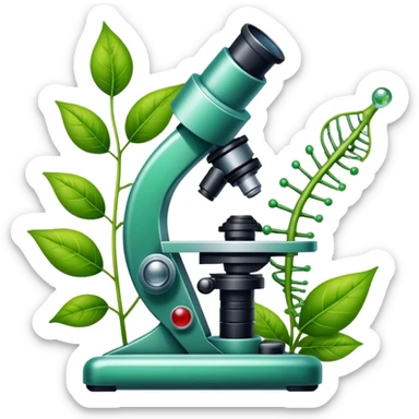 An icon featuring a DNA strand, a microscope with visible cells, and a green leaf, symbolizing biology. The design includes animal cells, plant structures, representing the study of living organisms and ecosystems. Transparent background highlights life sciences and biological research. sticker