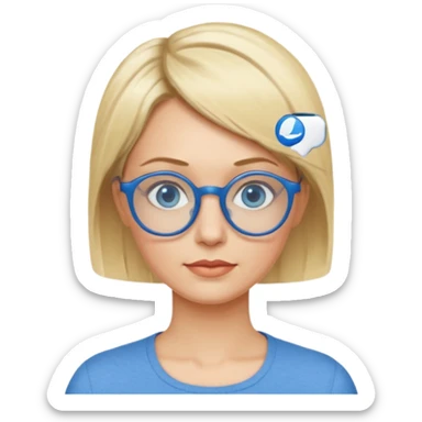 femme 40 ans cheveux garçon blond avec raie sur le coté, yeux bleu et lunettes rondes bleues sticker