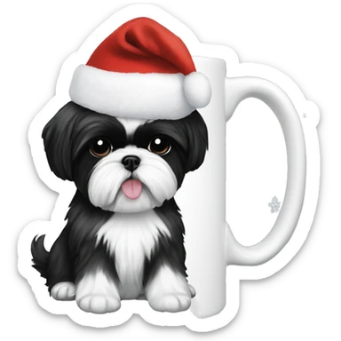 Black and white shih tzu wearing a Christmas hat sitting in a little mug sticker