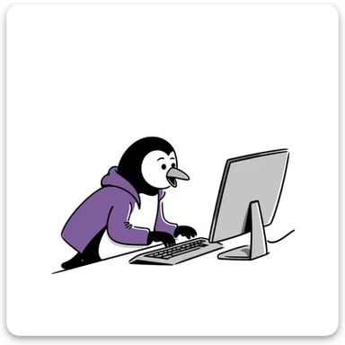 A hand-drawn penguin wearing a purple hoodie typing enthusiastically on a computer keyboard sticker