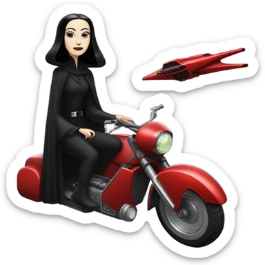 Jedi teen Morticia Addams flying a red Zephyr-J antigravity speeder bike Sith speeder sticker