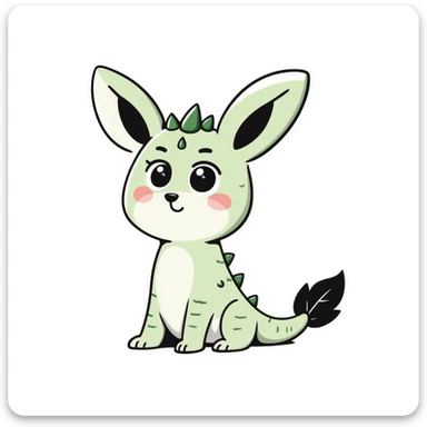 Kawaii bunny plant dragon with tiny spikes, extremely cute, giant sparkly eyes, blushing cheeks, pastel colors, small mouth, adorable expression, very scribbly messy hand drawn style, loose sketchy lines sticker