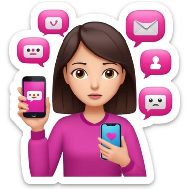 Social media manager. She has dark brown hair, brown eyes, overwhelmed expression, slightly stressed face,a holding a smartphone with notifications piling up. Use vibrant colors with a focus on pink and fuchsia tone sticker