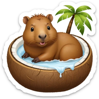 Happy capybara relaxing inside a halved coconut like a bathtub sticker