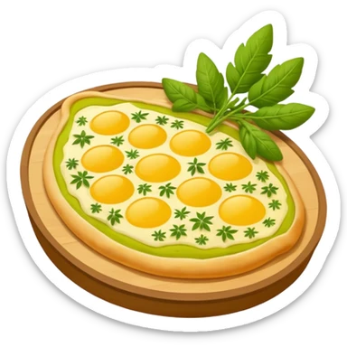 Georgian cuisine avatar in bright emoji-style illustration. Khachapuri and herbs, rich golden and green colors, simple shapes, flat design, strong character. Without human sticker