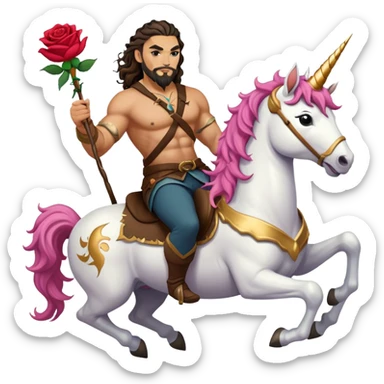 Jason momoa riding a unicorn with a rose in his hand  sticker