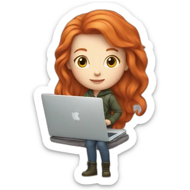 red-haired ginger girl, in an alternative outfit, holding a macbook sticker