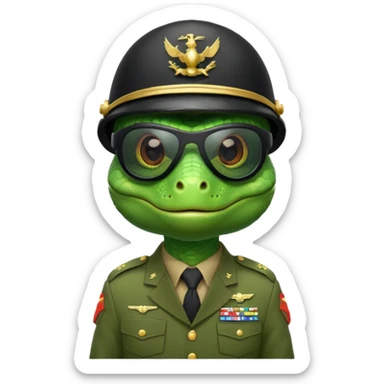 Lizard in military uniform with  black sunglasses and military helmet sticker