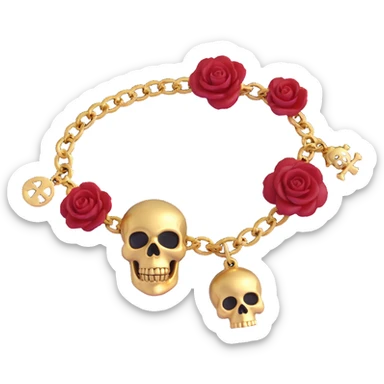 gothic bracelet with crimson velvet band, gold skull charm, deep red rose accent, dramatic and gothic style sticker
