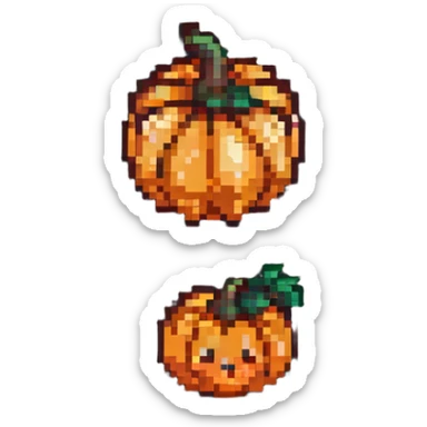 heart with a small mushroom on the left and a pumpkin on the right, vibrant colors, pixel art style sticker