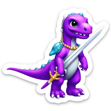 Lisa frank glitter purple cute dinosaur with sword and pearls sticker