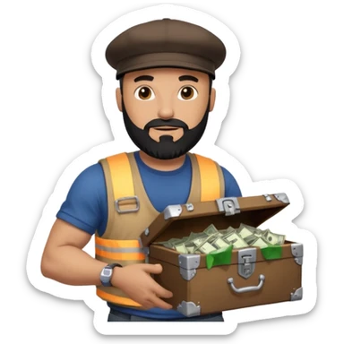 Strong bald man black beard snapback, holding treasure chest full of papers, Instagram logo glowing, dollar signs, minimalStrong bald man black beard snapback, holding treasure chest full of papers, Instagram logo glowing, dollar signs, minimal sticker
