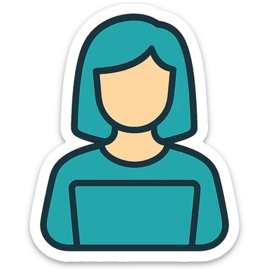 Icon style illustration of a teal woman at a laptop, simple, clean, minimal design, matching the reference image. sticker