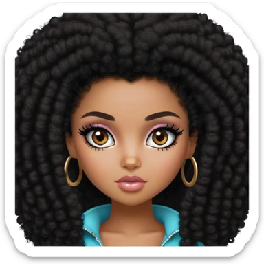 pretty bratz girl, dark black big afro, dark brown eyes, y2k fashion, black eyeliner, deep brown skin sticker
