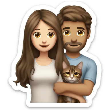 Long Brown hair girl and brown hair man holding tabby cat long hair  sticker