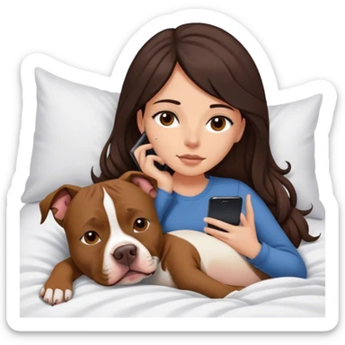 Girl long dark brown hair in layers cascading  down her face lays bed with her cell phone and her brown pit bull lays guarding her sticker