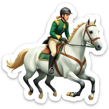 An icon featuring a horse and rider galloping gracefully over a lush green field. The rider is in full gear, guiding the horse with precision. The background shows rolling hills, a clear blue sky, and vibrant sunlight illuminating the scene. Transparent background highlights the elegance sticker