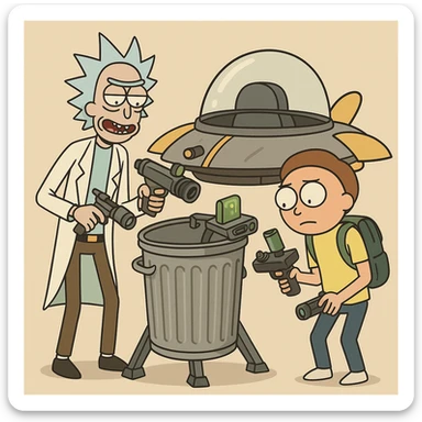 Rick and Morty preparing for new adventune. The're checking their equipment. And they trashcan space ship sticker