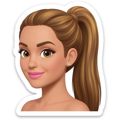 brunette with long golden-brown hair with light brown roots in a sleek high ponytail, dark brown eyes, medium brown eyelash color, full lips, small button nose, fair olive color skin, with full eye lashes, diamond earring studs, with pink lipstick, nice smile, with light brown eyebrows sticker