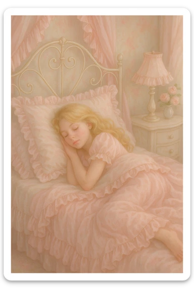 Dreamy scene of a blonde girl sleeping in a frilly baby pink Coquette bed, eyes closed, soft pastel colors, gentle lighting, delicate feminine details sticker