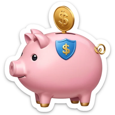 A clean and simple emoji-style icon: A stylized piggy bank with a coin dropping into it from above. Next to the piggy bank, a small shield symbolizing security and protection. Minimal details, rounded shapes, bright flat colors, consistent with standard emoji design. sticker