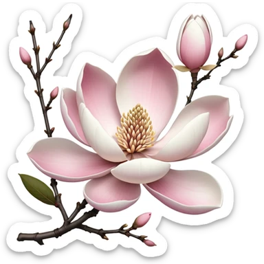 Japanese style Magnolia kobus (kobushi) flower in ukiyo-e inspired design, elegant white petals with subtle pink tinge, bare branches, traditional composition like Japanese woodblock prints sticker