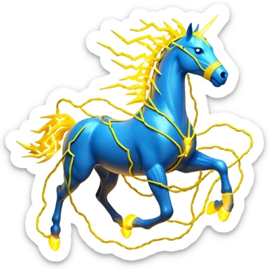 3D yellow electric horse made of lightning bolts, yellow electric wires, blue electricity sparks, dynamic running pose sticker