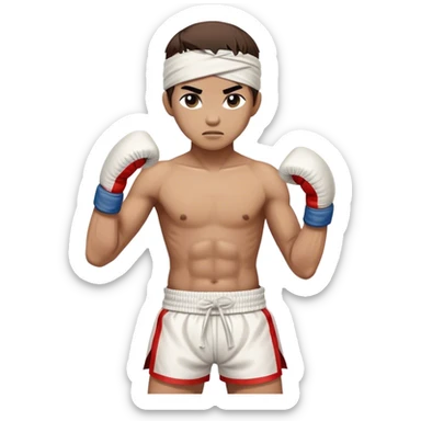 ​Cinematic Realistic Traditional Muay Thai Fighter, depicted in authentic attire featuring white bandaged gloves wrapped around his fists, a traditional headband tied neatly, and classic Muay Thai shorts, captured in a dynamic fighting stance under dramatic, high-energy lighting that highlights the raw power and elegance of the art, sticker