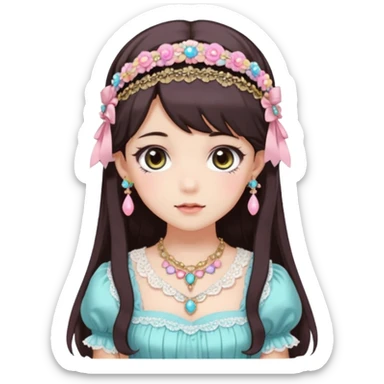 Gorgeous spectacular epic realistic mature anime-styled smooth soft shiny romantic pastel anime style lady with blushing cheeks, with a lace-maiden-headband, long beautiful luscious stylish hair, big pretty eyes, dark-brown hair, colorful pastel Lolita dress, necklaces, jewels sticker