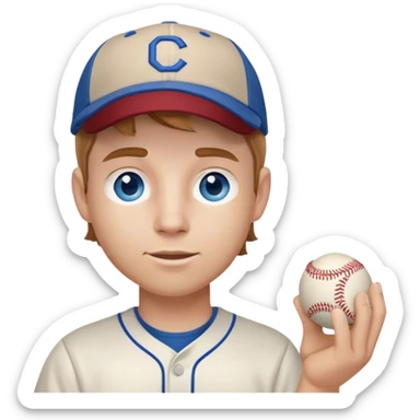white guy with light brown hair blue eyes with baseball cap on holding a shot sticker