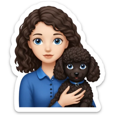 Brunette girl with long wavy hair and blue eyes holding one black puppy poodle with brown eyes. No decoration on the dog.  sticker