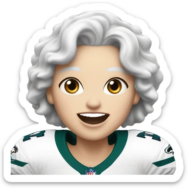 White female older female light skin light lips white hair short hair wavy hair blue-green eyes wearing Philadelphia eagles jersey cheering sticker