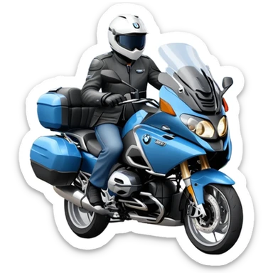 blue BMW R 1200 RT touring motorcycle with rider on road sticker