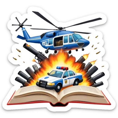 Icon for Action & Crime Reading: an open book with text, from which a police car is driving out along the pages, with explosions behind, a helicopter flying overhead, and a pistol with ammo and grenades in front. Transparent background. sticker