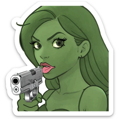 A girl with long eyelashes like an emoji with a hand holding a gun in her mouth ￼ sticker