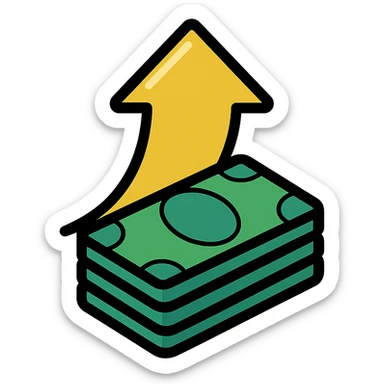shiny gold arrow pointing upward with a pile of green bills, energetic, modern look, icon style sticker