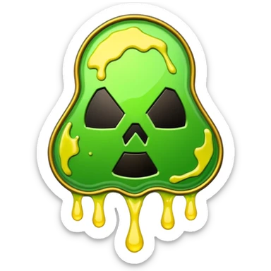 radioactive hazard symbol stylized to look like it is melting. The symbol is bright neon green and toxic yellow, with smooth dripping edges like liquid. sticker