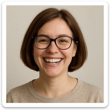 smiling white woman, brown bobbed hair, glasses, cheerful, minimal background sticker