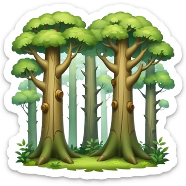 A dense woodland scene with overlapping trunks and misty atmosphere. sticker